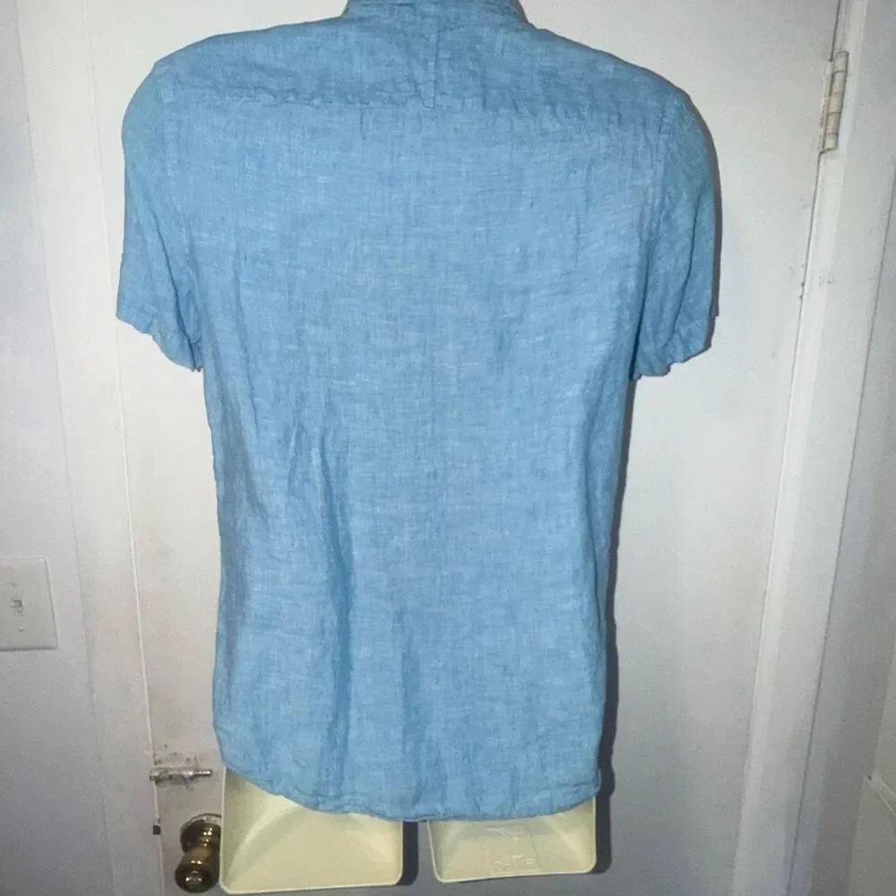 BANANA REPUBLIC 100% Linen Blue Camden Fit Button Down Short Sleeve Shirt-S